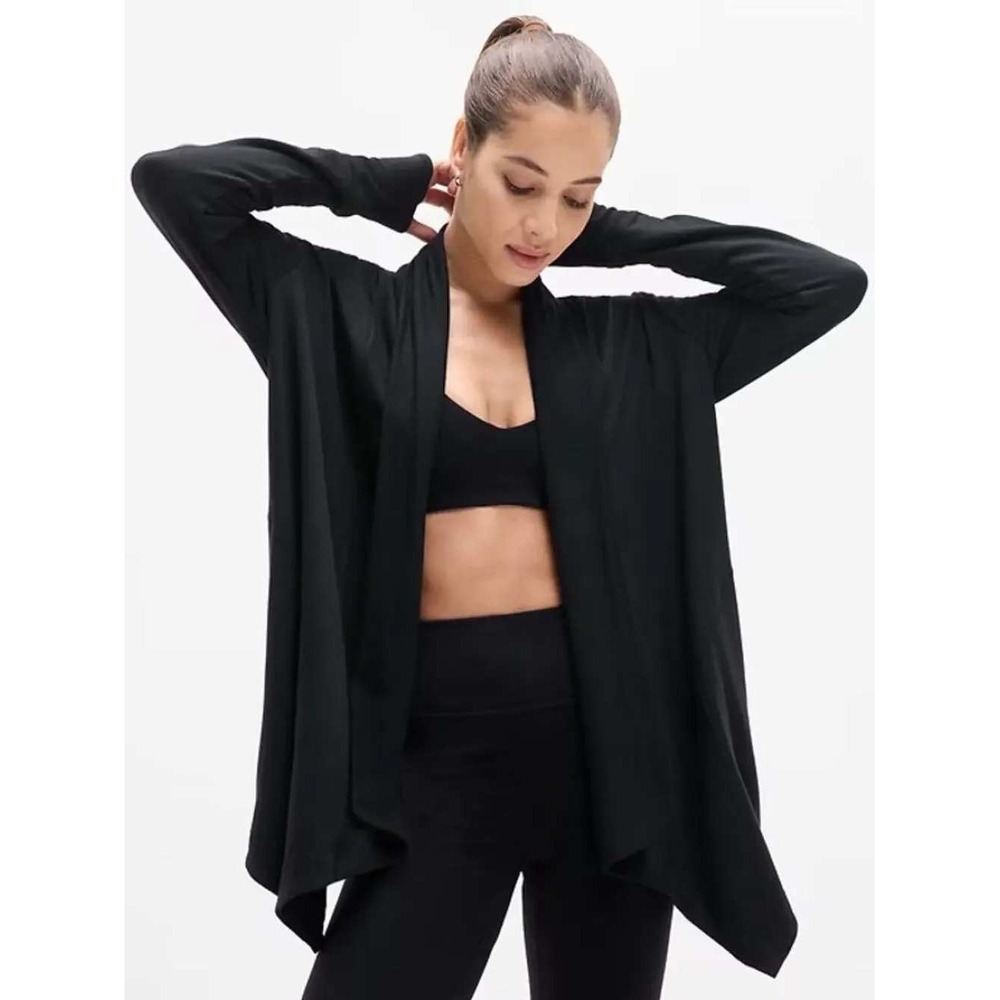 Athleta Pranayama Wrap Cardigan Women Large Black Open Front Modal Spandex